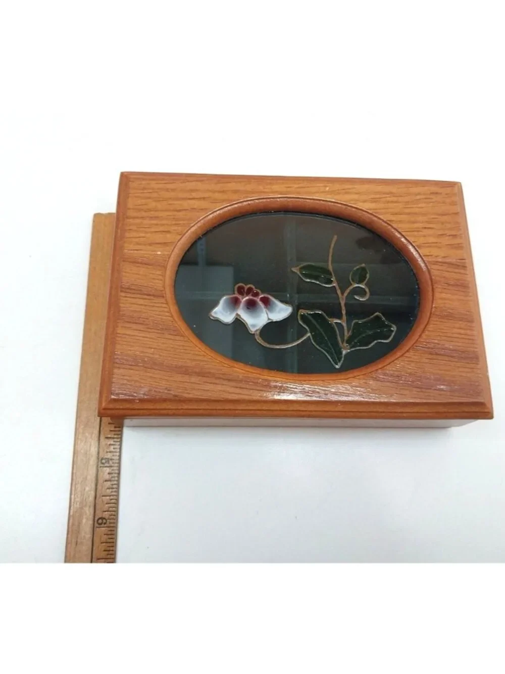 Vintage Wooden Jewelry Box Hinged Lid Stained Glass Floral Velvet Lining